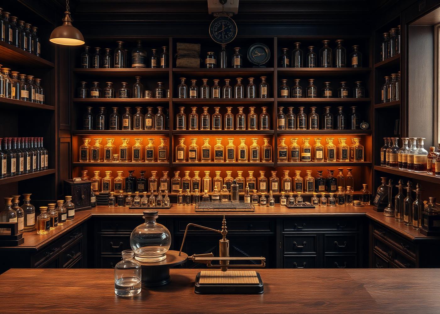 Luxury perfume atelier workshop with ingredient bottles