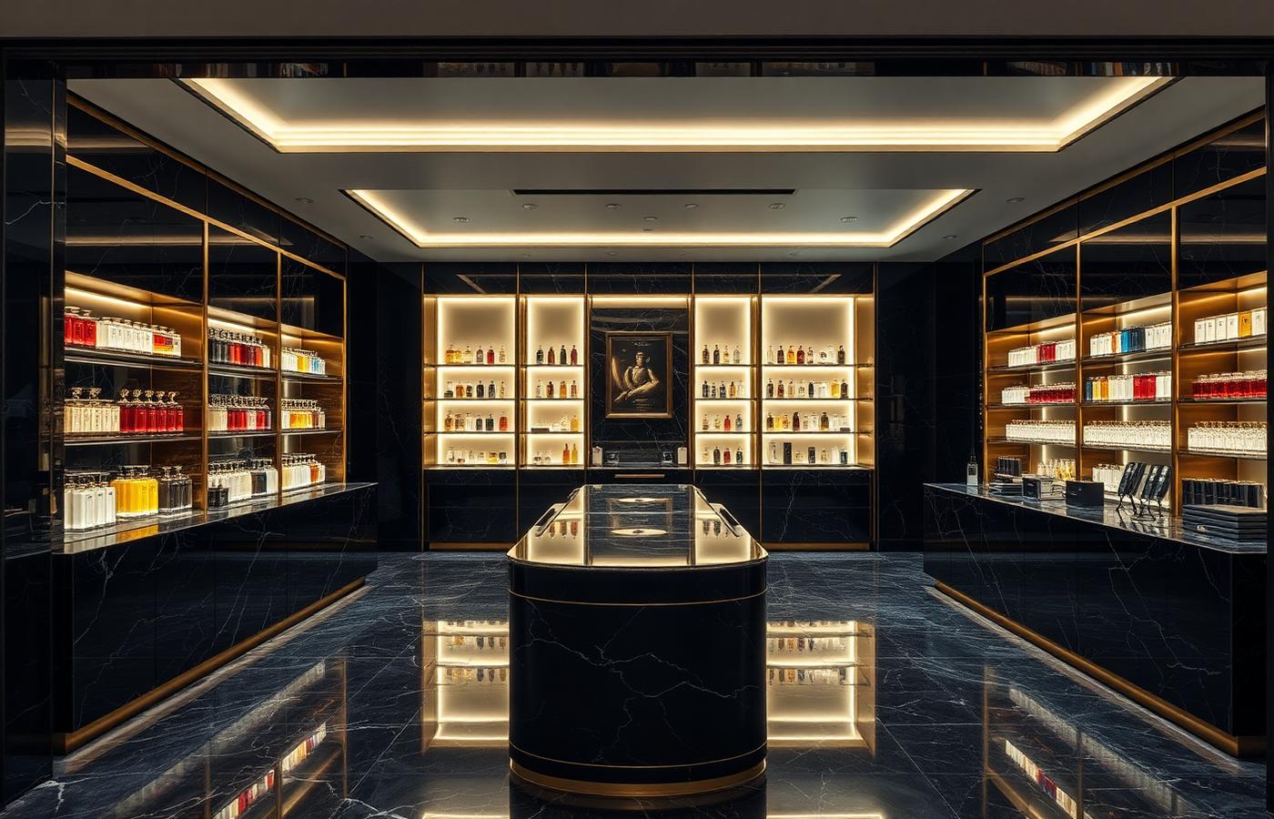 Luxury perfume showroom with black marble and gold shelving
