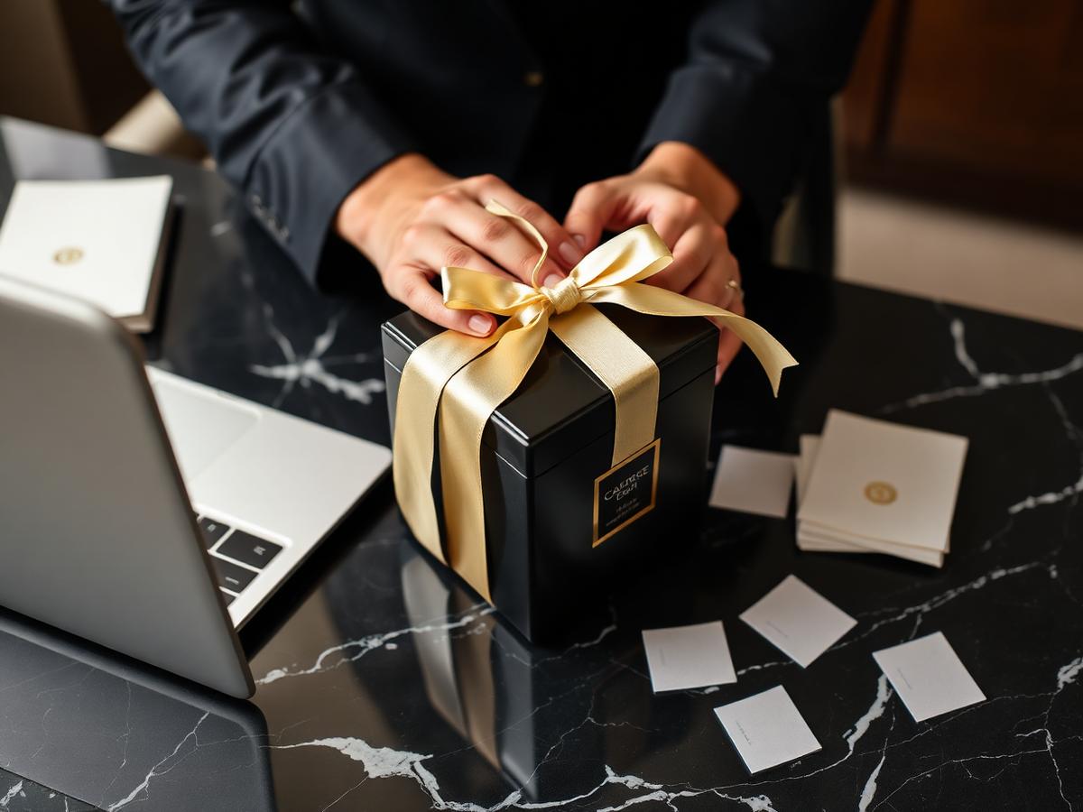 Concierge wrapping a black and gold perfume gift box