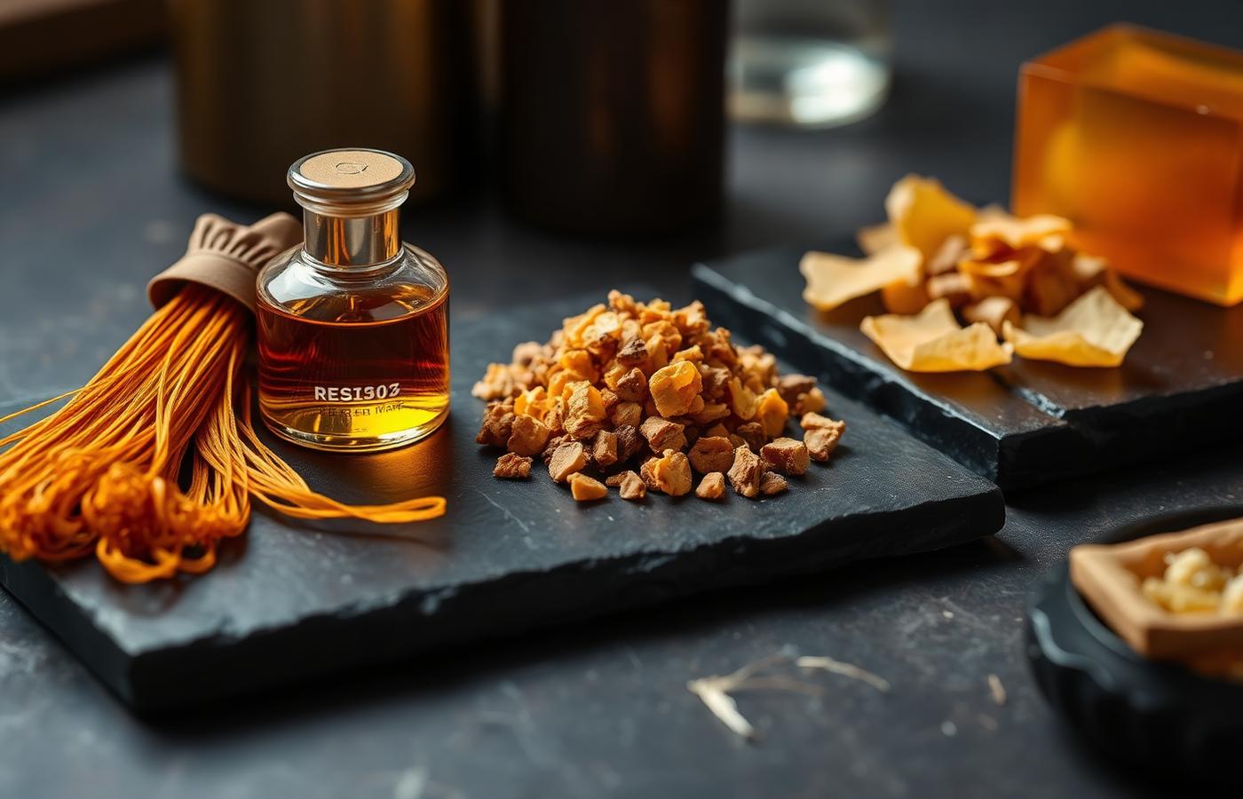 Luxury perfume ingredients on black stone trays