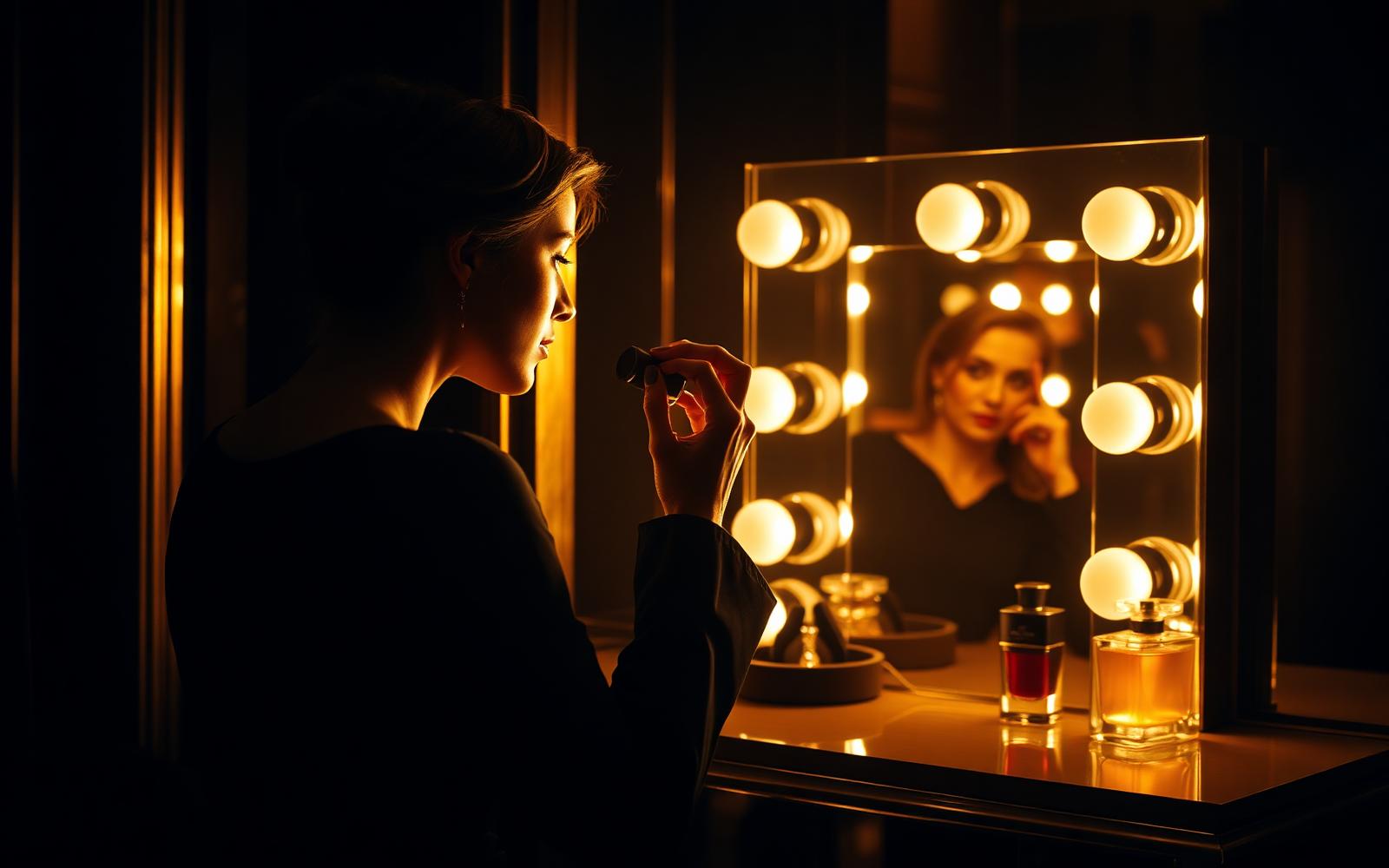 Model applying luxury perfume at a gold-lit vanity