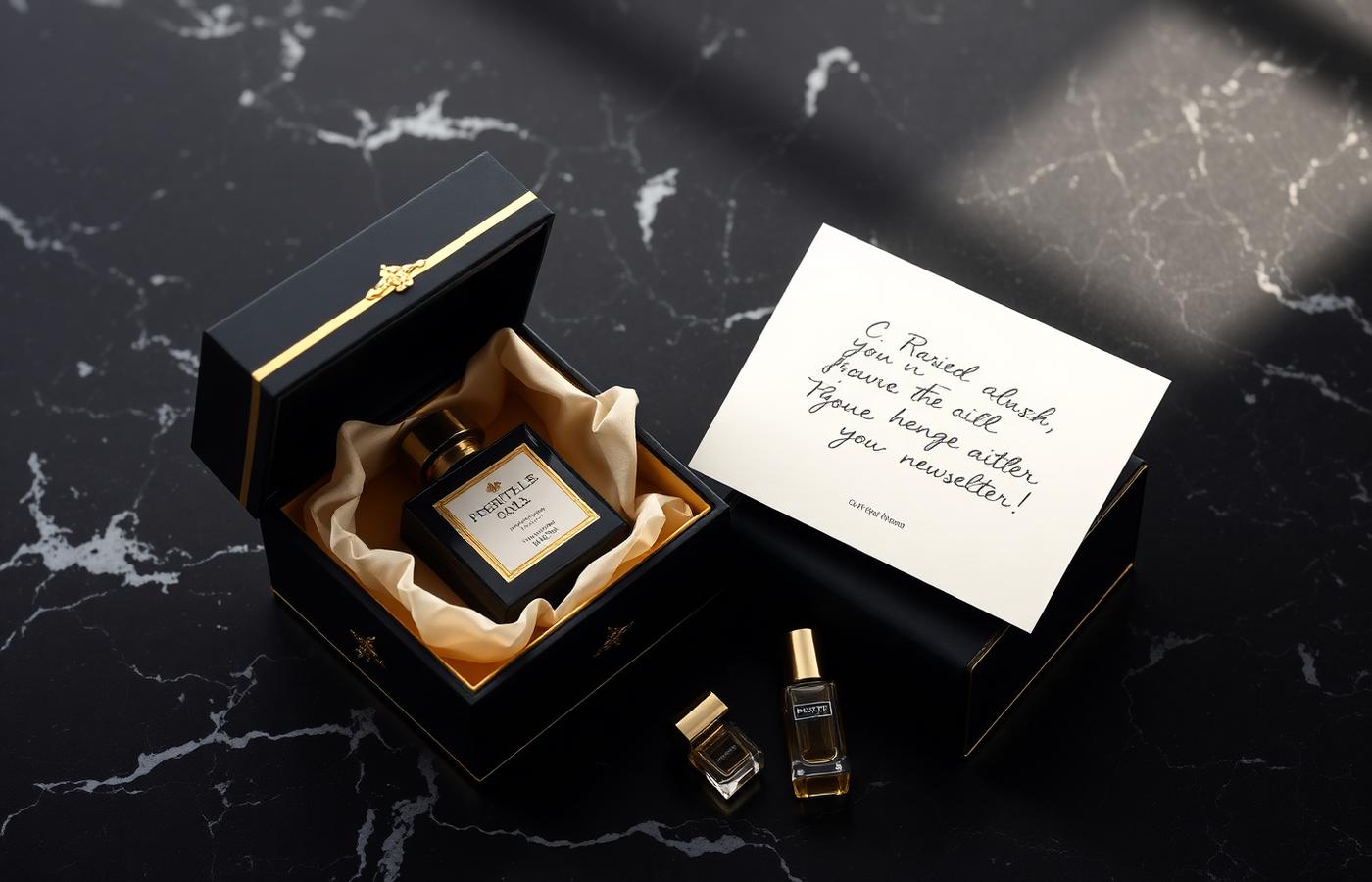 Black and gold perfume gift box with handwritten card