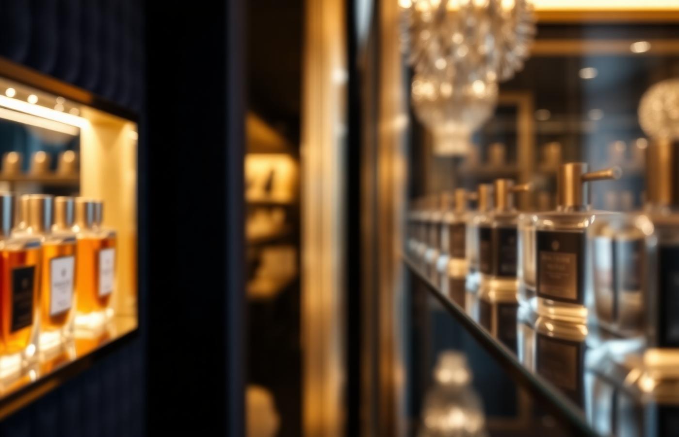 Luxury perfume boutique shelves with gold reflections